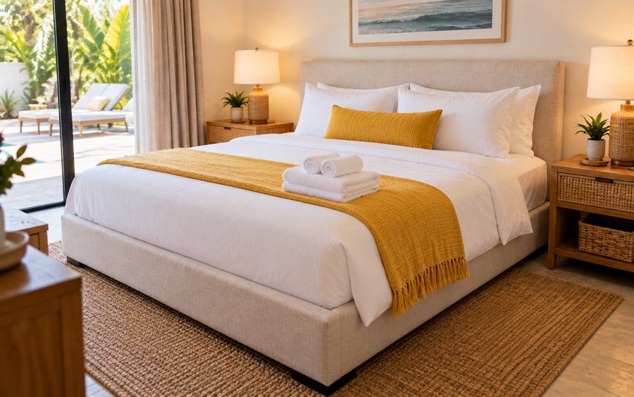 Same bedroom after the clean: crisp white bedding, yellow throw and pillow, rolled towels on the bed