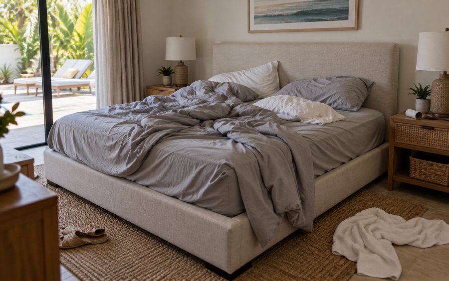 Bedroom before the clean: unmade bed, rumpled grey sheets, towel and slippers on the floor