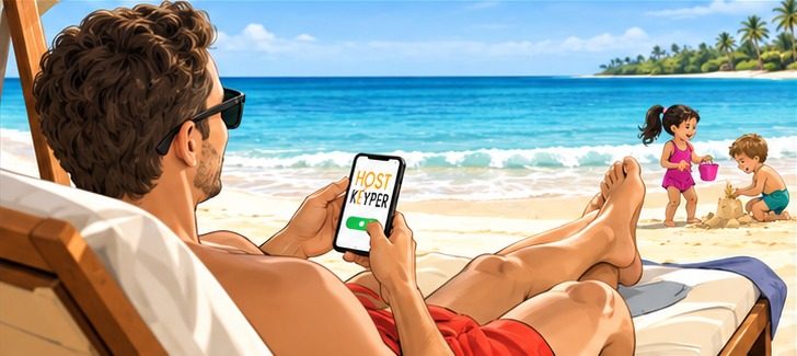 A host relaxing on a beach lounger, checking the Hostkeyper app on his phone while his kids build a sandcastle
