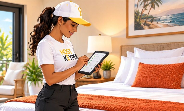 A Hostkeyper team member in a branded shirt and cap checking off a cleaning checklist on a tablet beside a freshly made bed