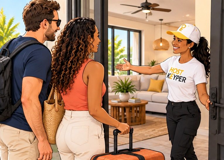 A smiling Hostkeyper team member in a branded shirt and cap welcoming arriving guests into a freshly reset rental