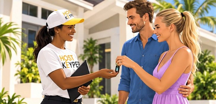 A smiling Hostkeyper team member handing house keys to a happy couple outside their rental home