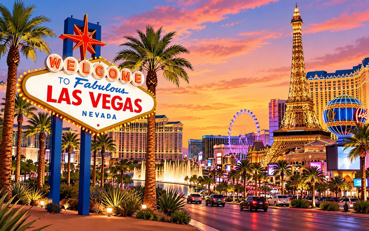 The Welcome to Fabulous Las Vegas sign and the Las Vegas Strip at sunset