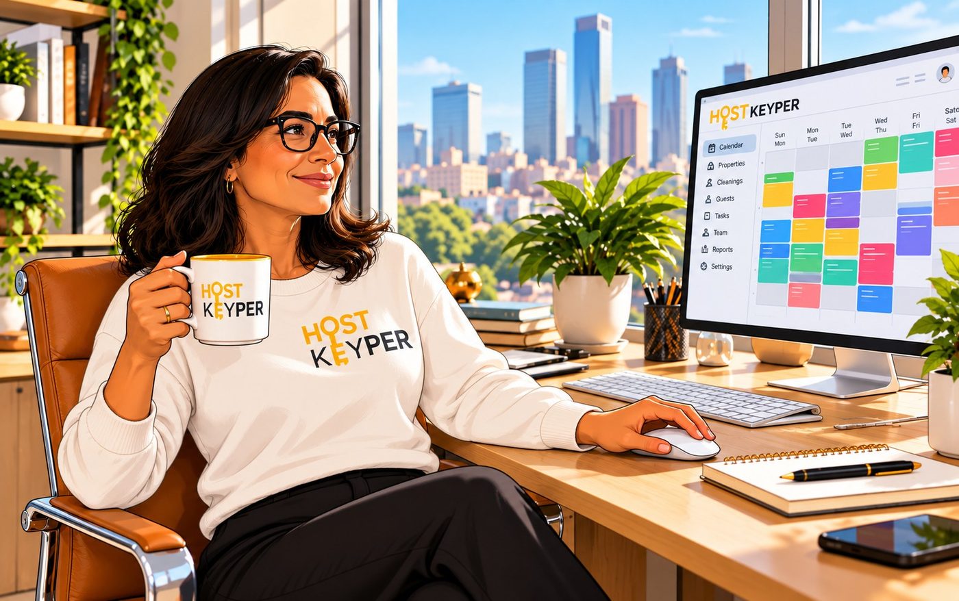A property manager in a Hostkeyper sweater sipping coffee at her desk while the Hostkeyper scheduling calendar fills her screen